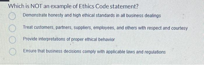 Solved Which is NOT an example of Ethics Code statement? | Chegg.com