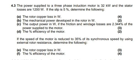 Solved 4.3 The power supplied to a three phase induction | Chegg.com