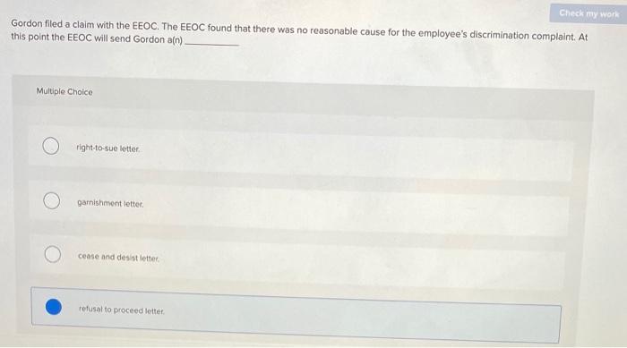 Solved Check my work Gordon filed a claim with the EEOC. The | Chegg.com