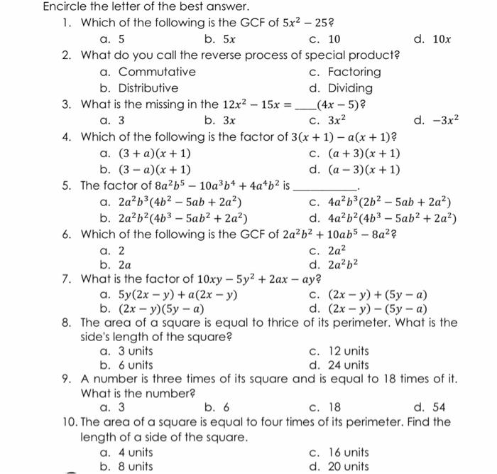 Solved Encircle the letter of the best answer. 1. Which of | Chegg.com