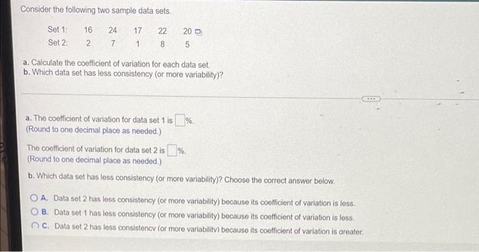 Solved Consider The Following Two Sample Data Sets, Set 1: | Chegg.com