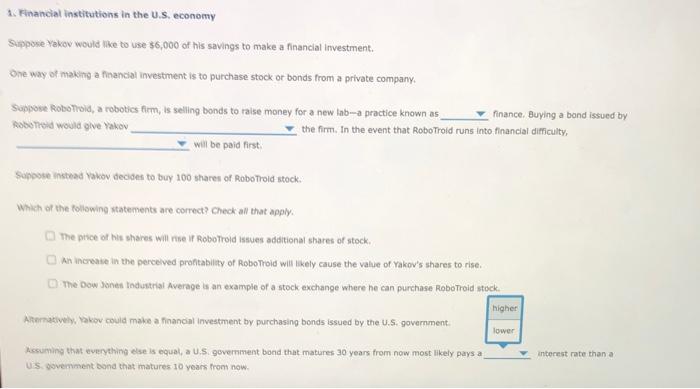 Solved 1. Financial institutions in the U.S. economy Suppose | Chegg.com