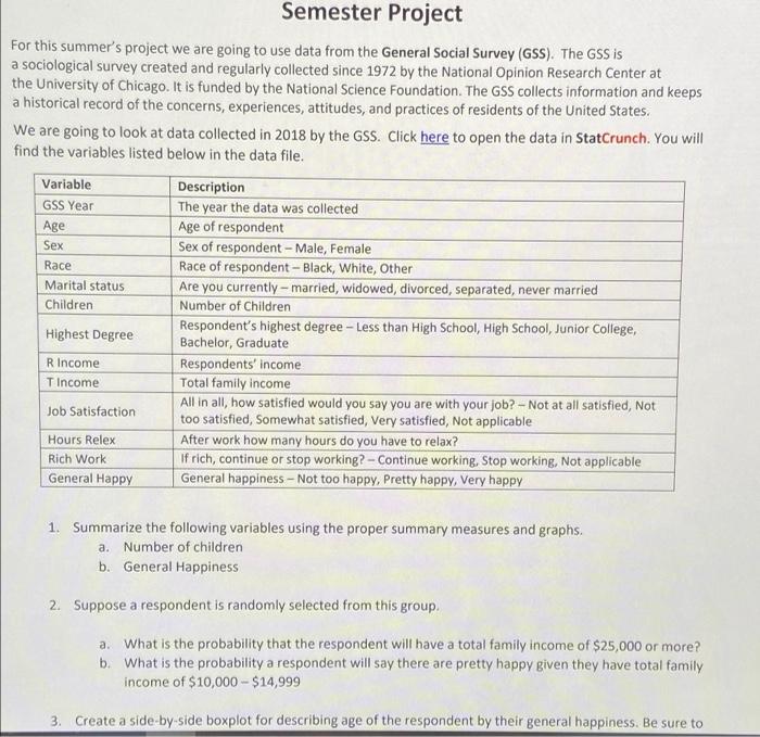 Semester Project For this summer's project we are | Chegg.com