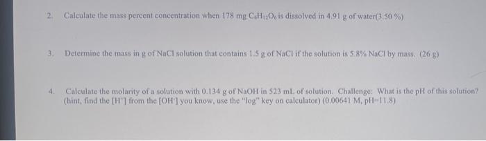 Solved 2 Calculate The Mass Percent Concentration When Chegg Com   Image