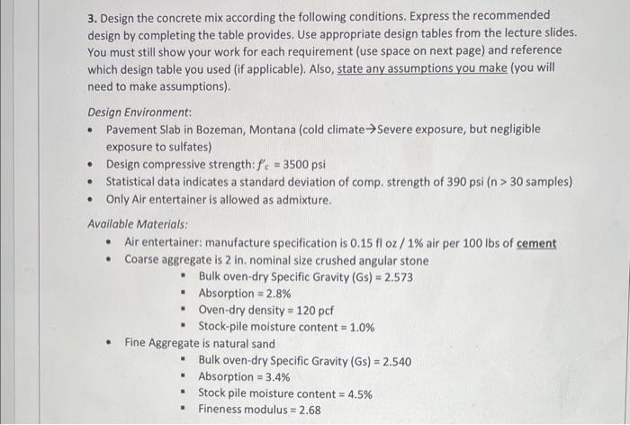 Solved 3. Design the concrete mix according the following | Chegg.com
