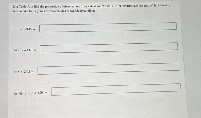 Solved Use Table A to find the proportion of observations | Chegg.com