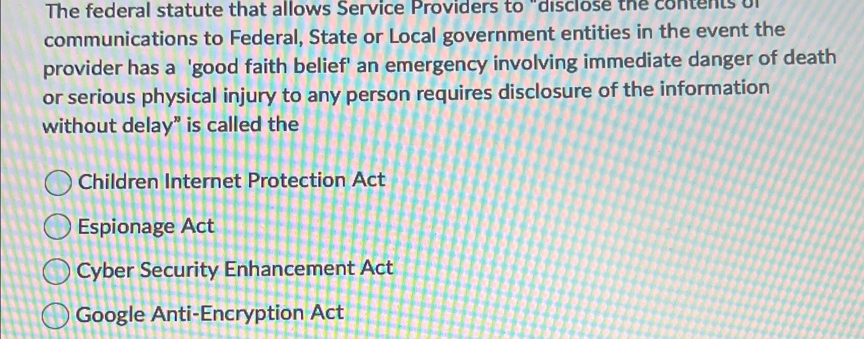 Solved The federal statute that allows Service Providers to | Chegg.com