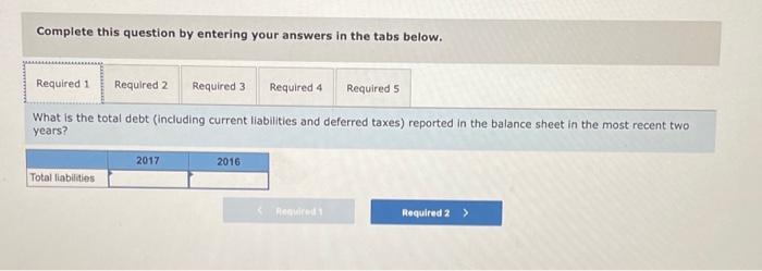 Complete this question by entering your answers in the tabs below.
What is the total debt (including current liabilities and 