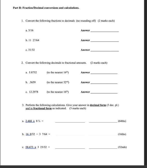 Solved Part B: Fraction/Decimal Conversions And | Chegg.com