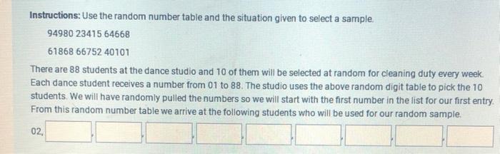 Solved Instructions: Use the random number table and the | Chegg.com