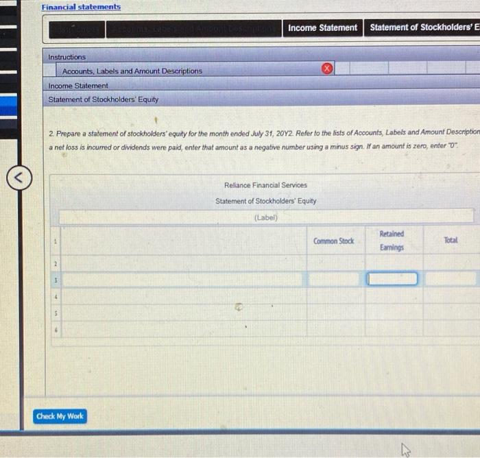 Solved Statements Accounts, Labels and Amount Descriptions