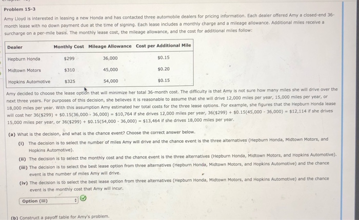 Problem 15-3 Amy Lloyd is interested in leasing a new | Chegg.com