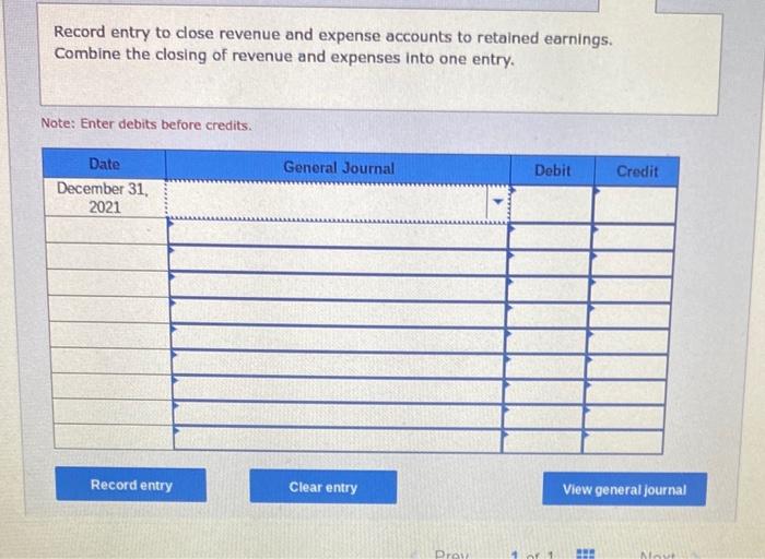 Record entry to close revenue and expense accounts to retained earnings. Combine the closing of revenue and expenses into one