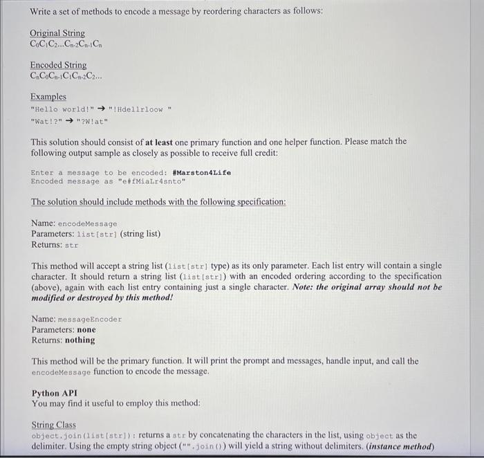 Solved Write a set of methods to encode a message by | Chegg.com