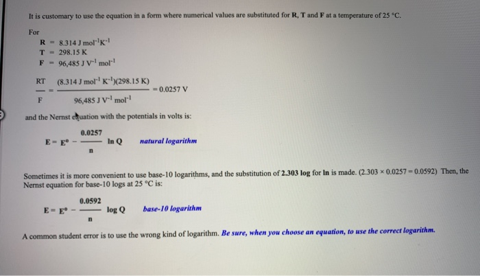 Solved The Nernst Equation A Non Standard Cell Or Half Ce Chegg Com