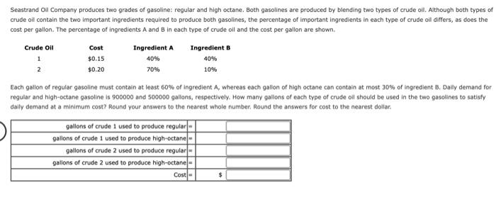 Seastrand Oil Company produces two grades of gasoline: regular and high octane. Both gasolines are produced by blending two t