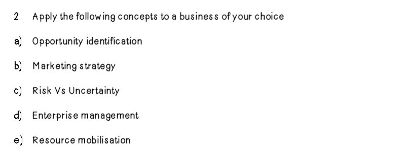 Solved 2. Apply the following concepts to a business of your | Chegg.com