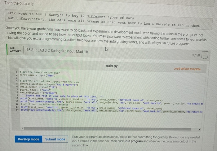 Then the output is: Eric went to Lou & Harrys to buy 12 different types of cars but unfortunately, the cars were all orange