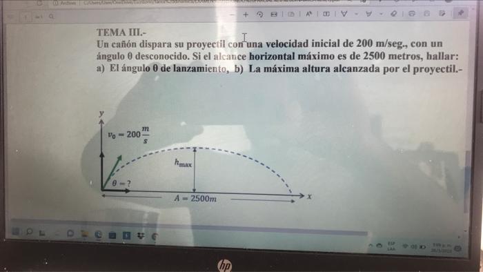 + E A DIV TEMA III.- Un cañón dispara su proyectil con una velocidad inicial de 200 m/seg., con un ángulo o desconocido. Si e