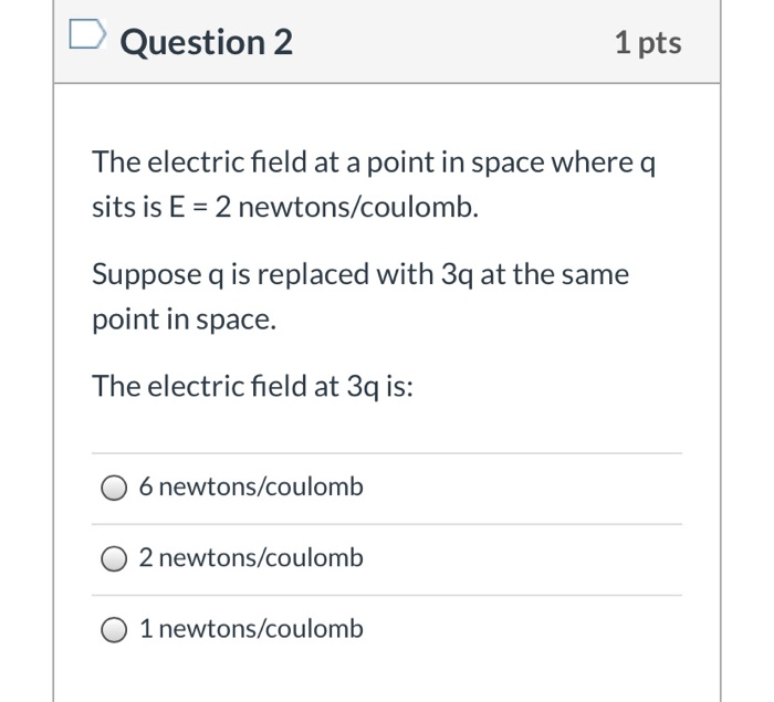 Solved Question 2 1 pts The electric field at a point in | Chegg.com
