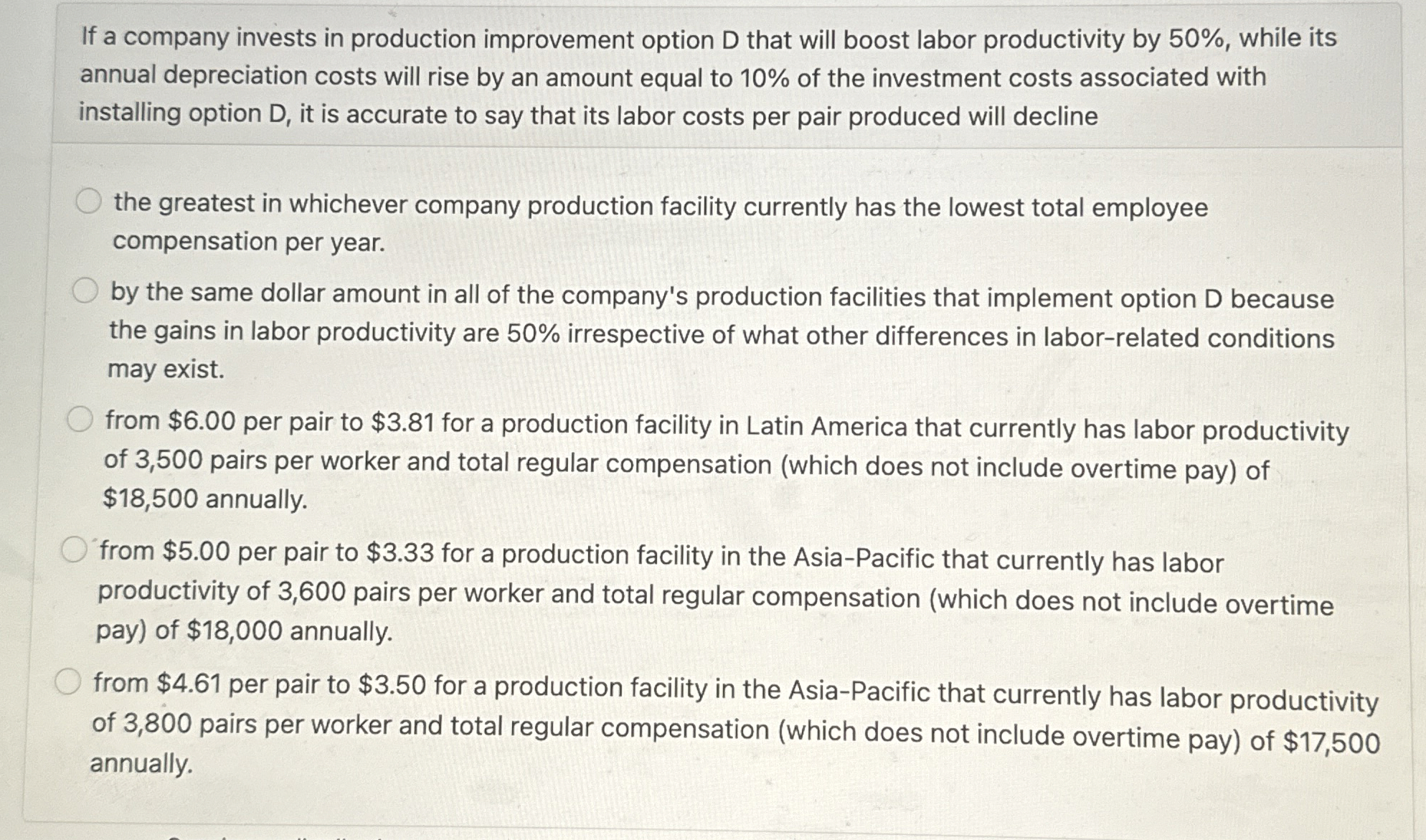 Solved If a company invests in production improvement option | Chegg.com