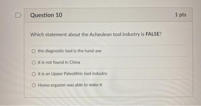 Solved Question 10 1 pts Which statement about the Acheulean | Chegg.com