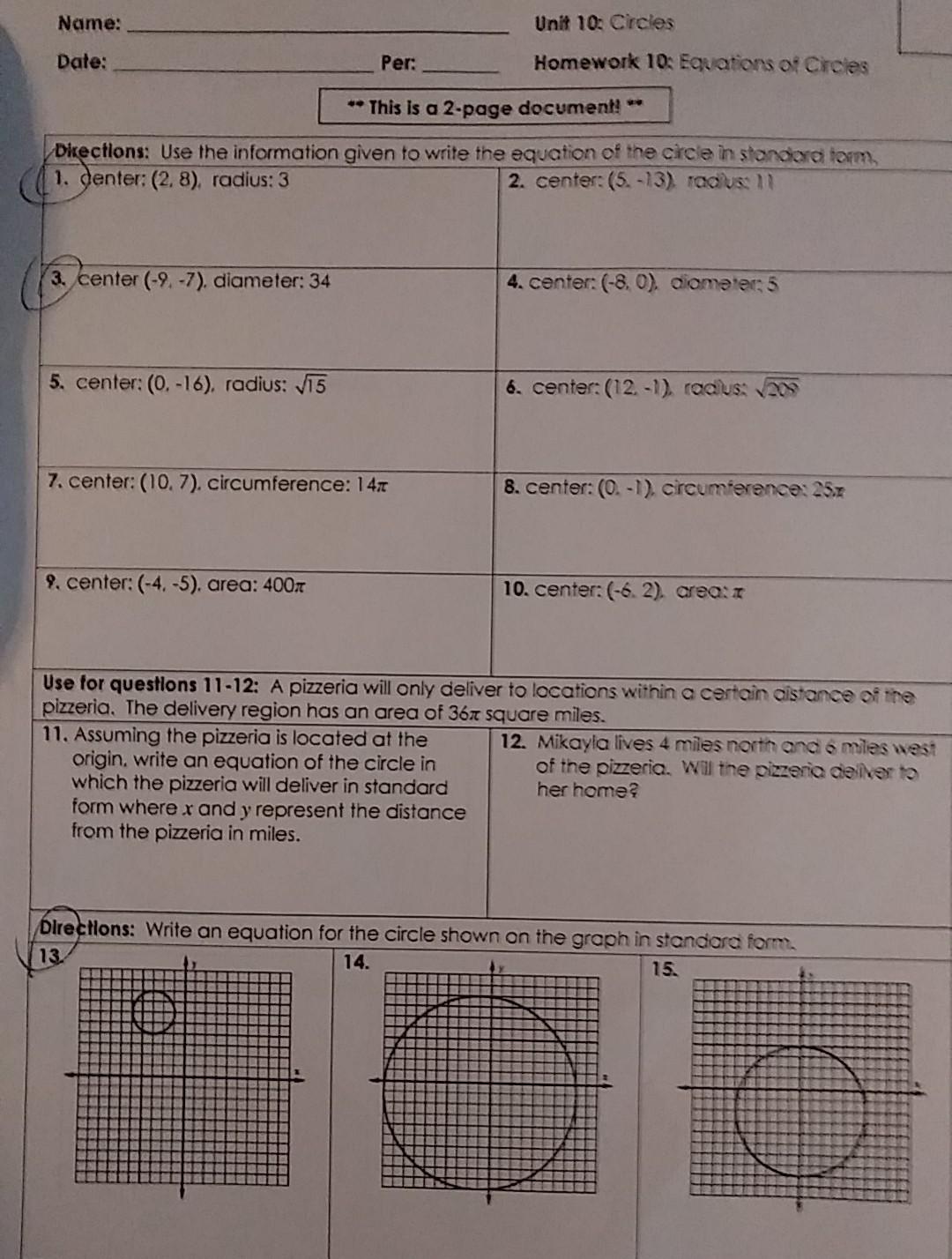 homework 9 standard form of a circle