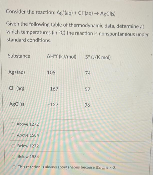 Solved Consider The Reaction: Ag+(aq) + Cl"(aq) → AgCl(s) | Chegg.com