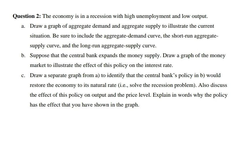 Solved Question 2: The economy is in a recession with high | Chegg.com