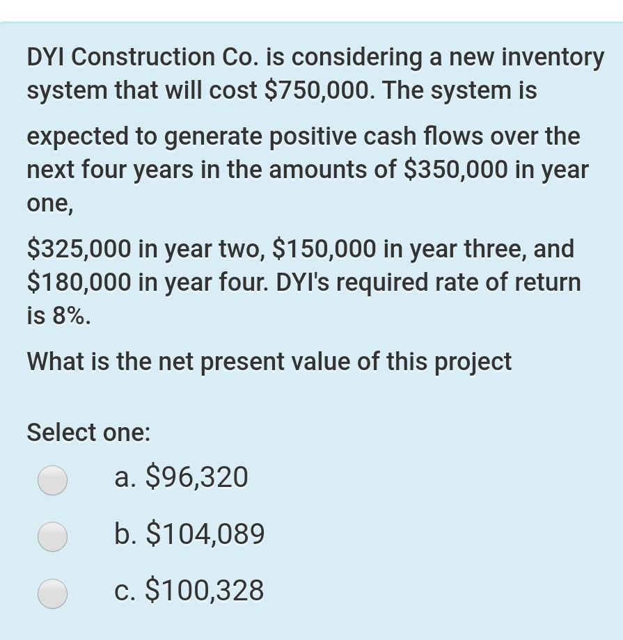 Solved DYI Construction Co. is considering a new inventory