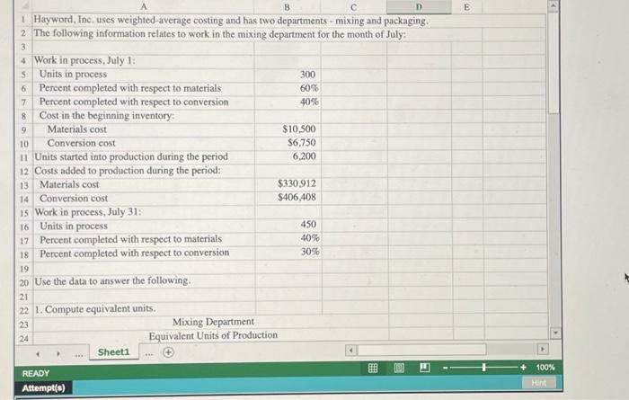 Solved A C 1 Hayword Inc Uses Weighted Average Costing And 2293