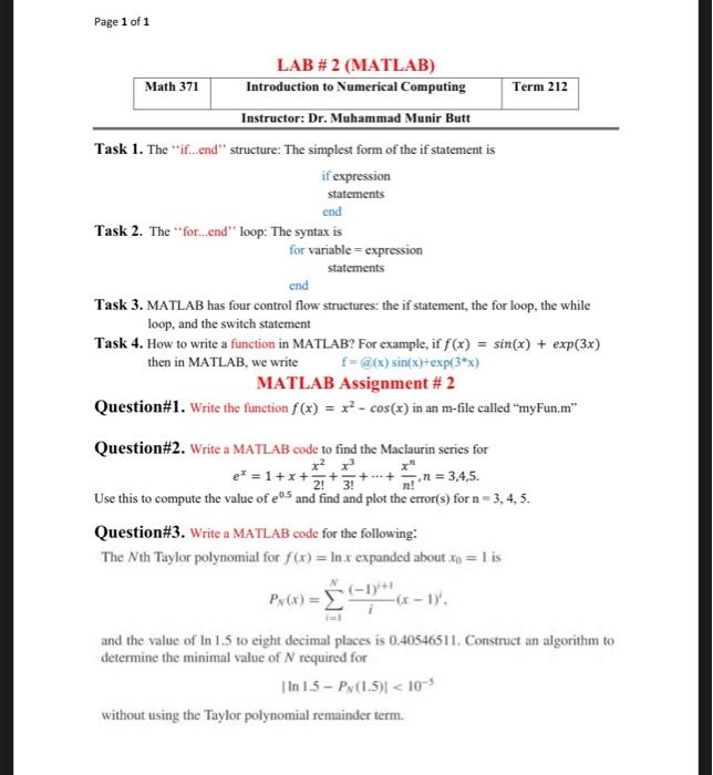 Solved Page 1 of 1 Term 212 LAB #2 (MATLAB) Math 371 | Chegg.com