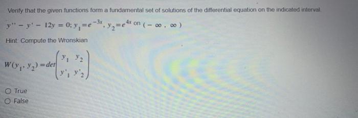 Solved Verify that the given functions form a fundamental | Chegg.com