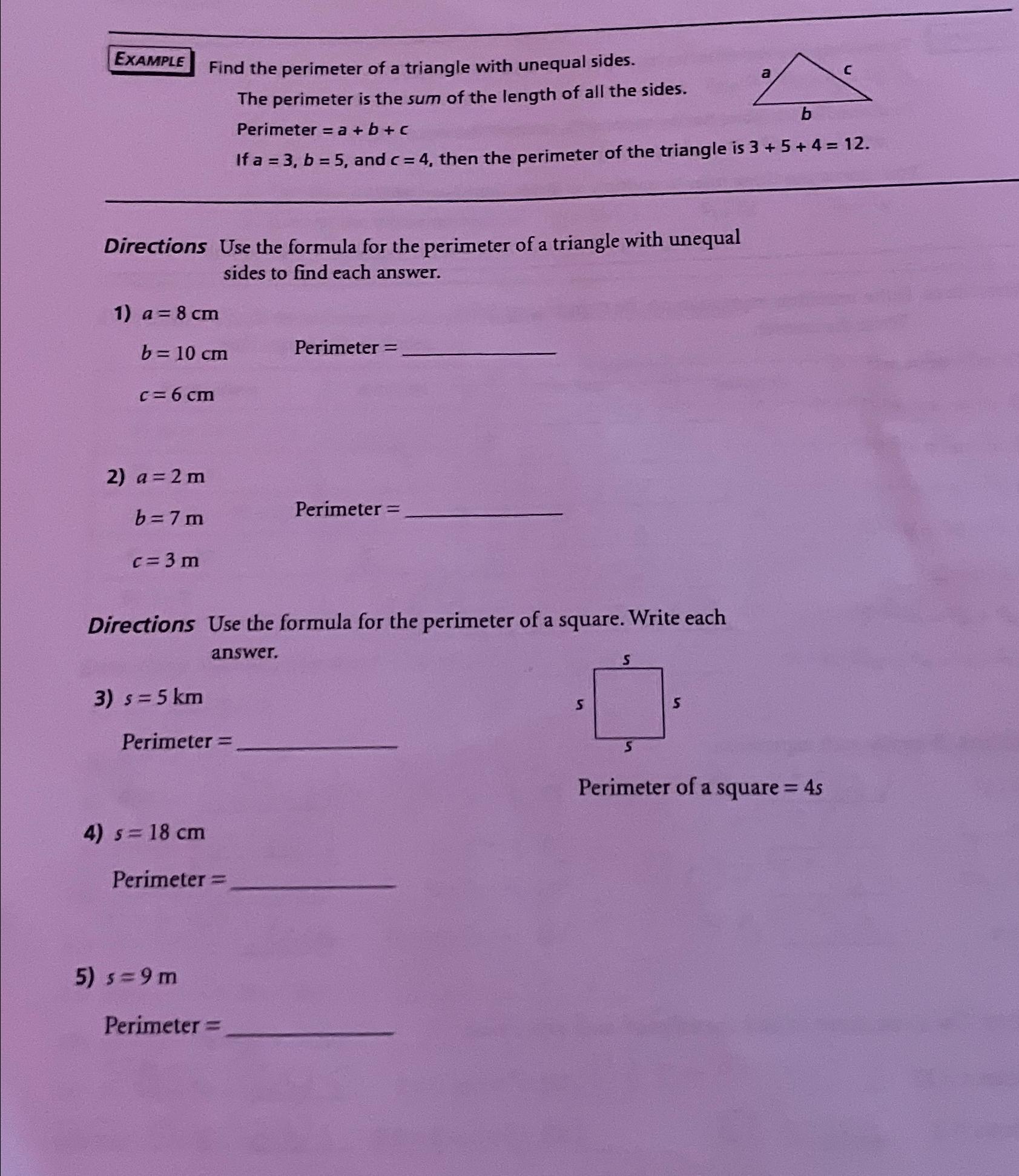 find the perimeter of the triangles having the following sides