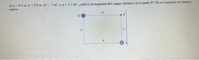 Si \( \mathrm{a}=0.4 \mathrm{~m}, \mathrm{~b}=0.8 \mathrm{~m}, \mathrm{Q}=-7 \mathrm{nC} \), y \( \mathrm{q}=1.5 \mathrm{nC}