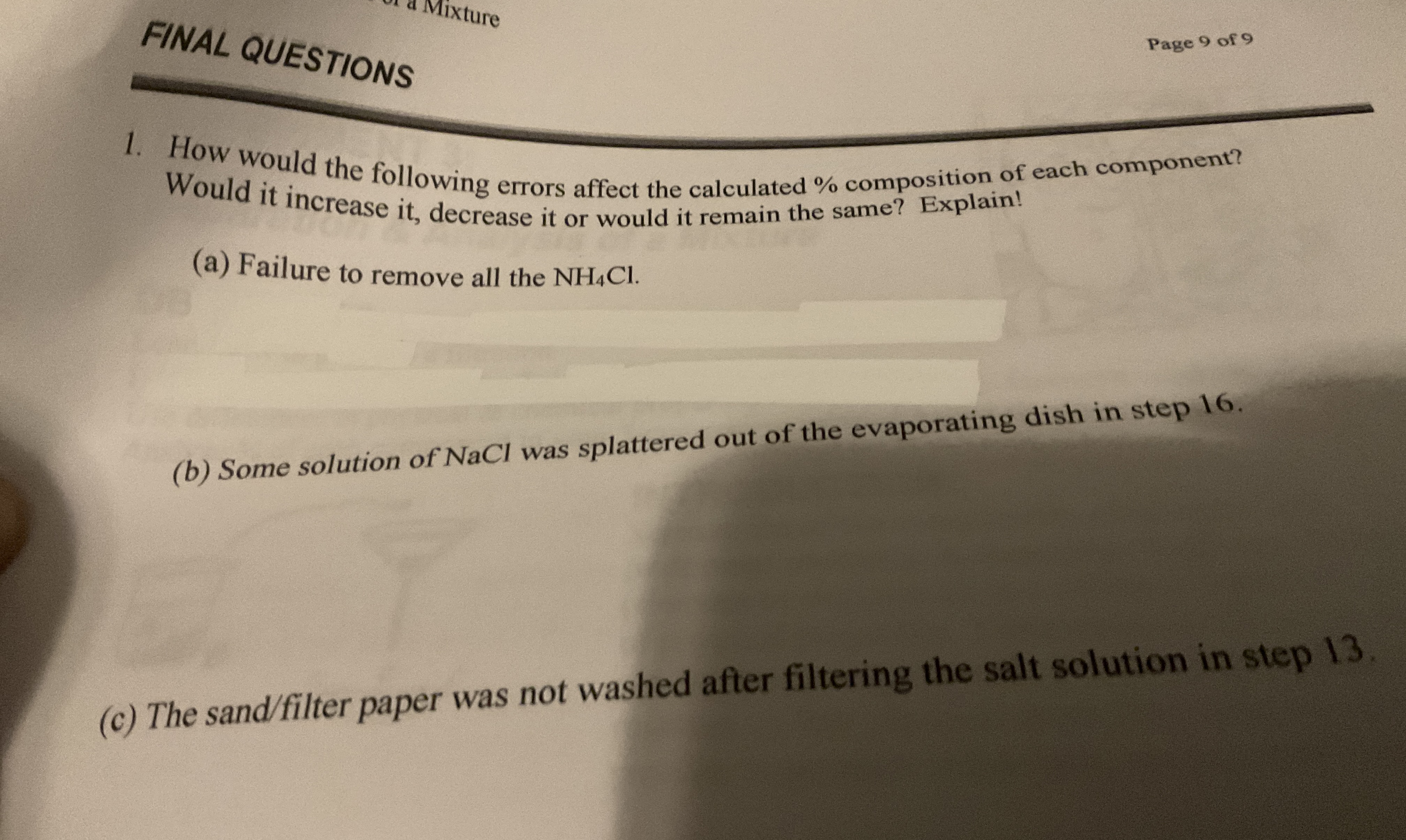 Solved FINAL QUESTIONSHow would the following errors affect | Chegg.com