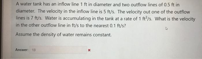 Solved A water tank has an inflow line 1ft in diameter and | Chegg.com