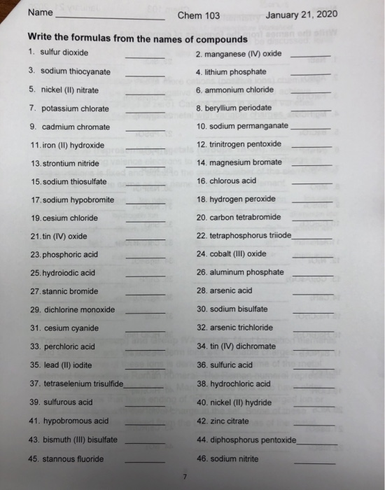 Solved Name Chem 103 January 21, 2020 Write the formulas | Chegg.com