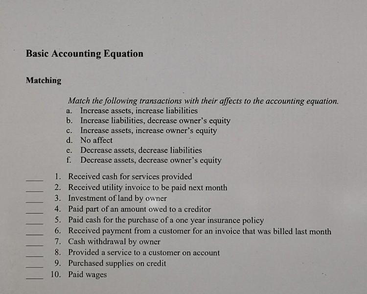 Solved Basic Accounting Equation Matching a. Match the | Chegg.com