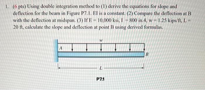 Solved 1. (6 pts) Using double integration method to (1) | Chegg.com