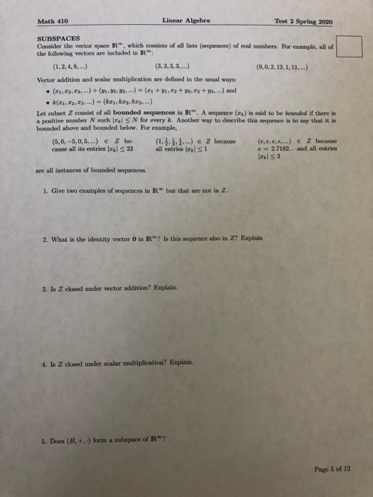 Solved Math 410 Linear Algebra Test 2 Spring 2020 SUBSPACES | Chegg.com