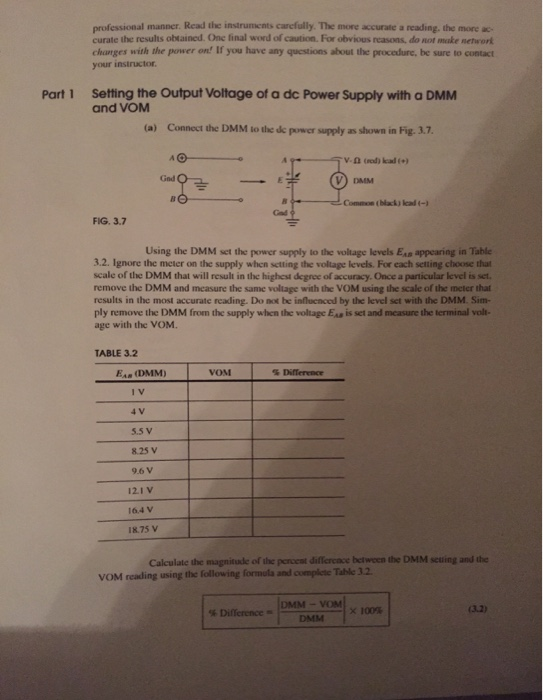 FIG. 3.7 Using the DMM set the power supply to the | Chegg.com