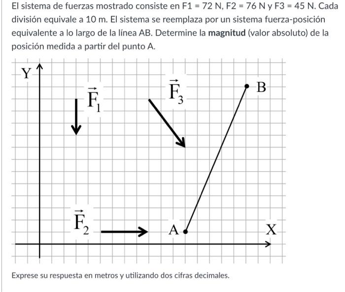 El sistema de fuerzas mostrado consiste en \( \mathrm{F} 1=72 \mathrm{~N}, \mathrm{~F} 2=76 \mathrm{~N} \) y F3 \( =45 \mathr