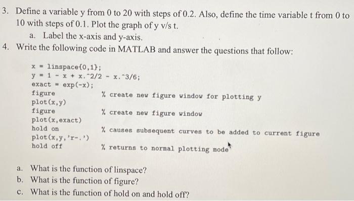 Solved 3. Define a variable y from 0 to 20 with steps of | Chegg.com