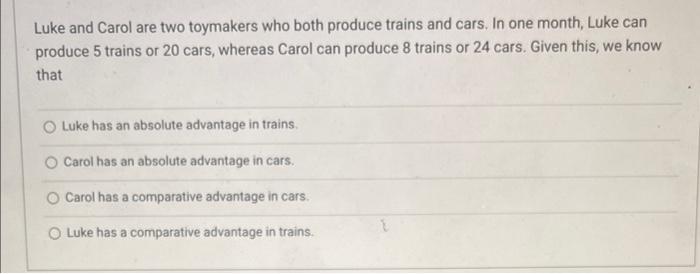 Luke and Carol are two toymakers who both produce trains and cars. In one month, Luke can produce 5 trains or 20 cars, wherea