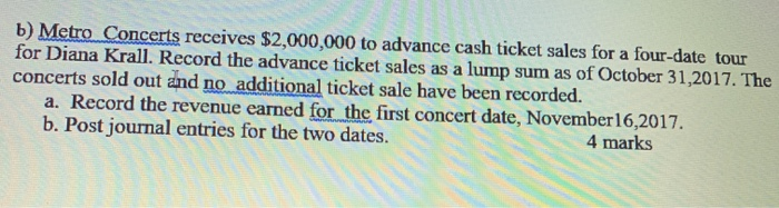 Solved B) Metro Concerts Receives $2,000,000 To Advance Cash | Chegg.com