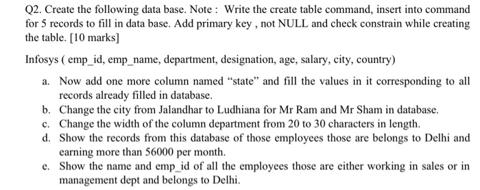 Solved Q2. Create the following data base. Note: Write the | Chegg.com