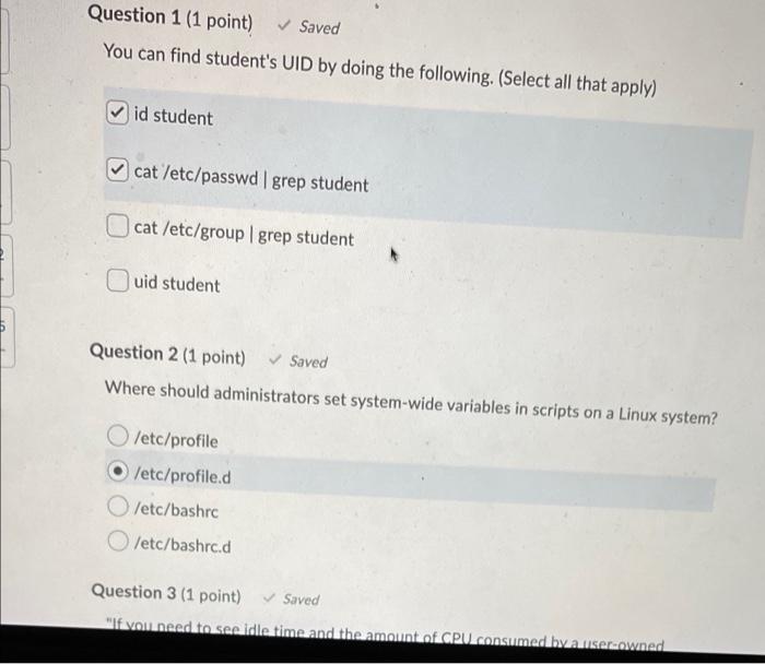 Solved Question 1 (1 point) Saved You can find student's UID | Chegg.com