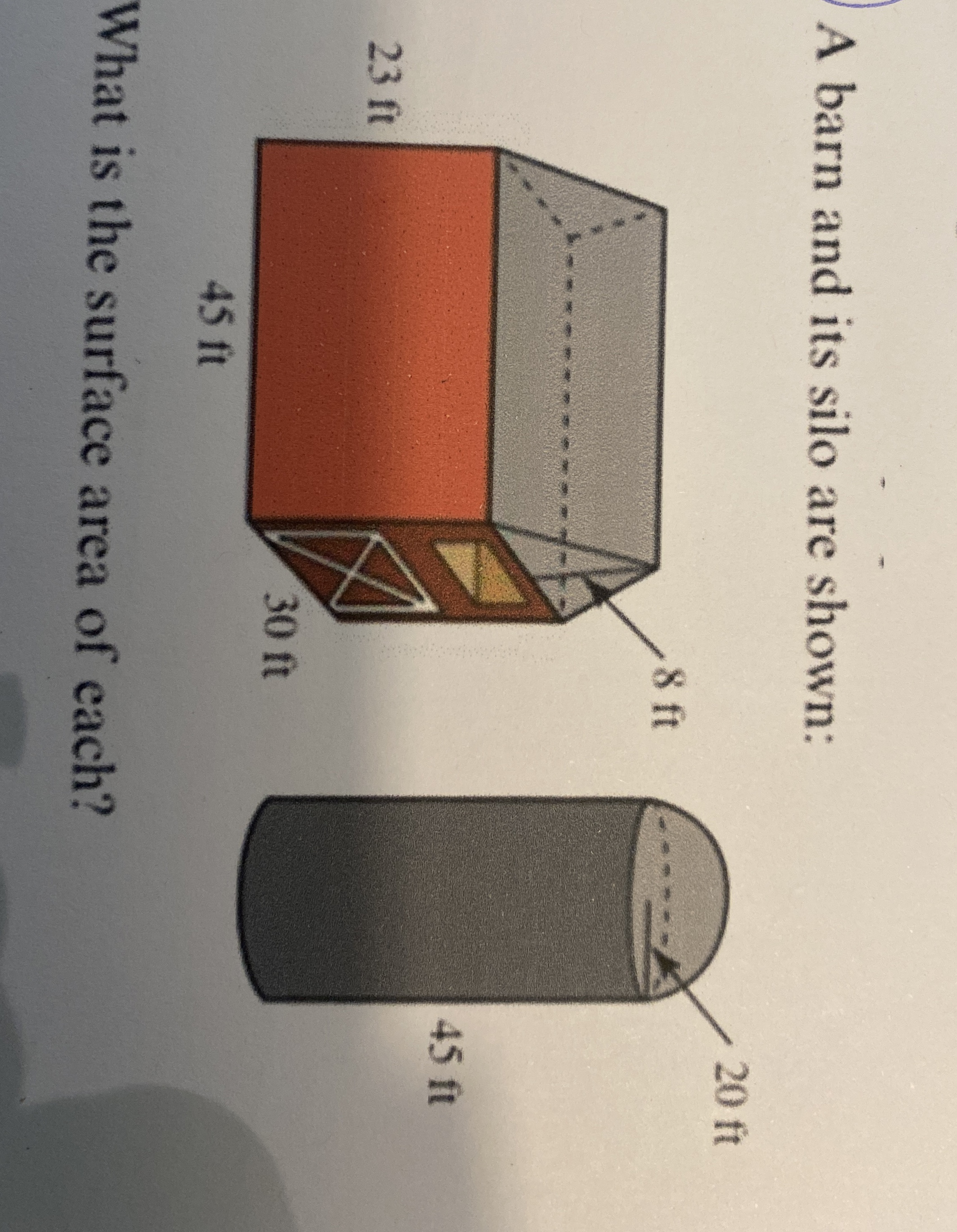 Solved A barn and its silo are shown:What is the surface | Chegg.com