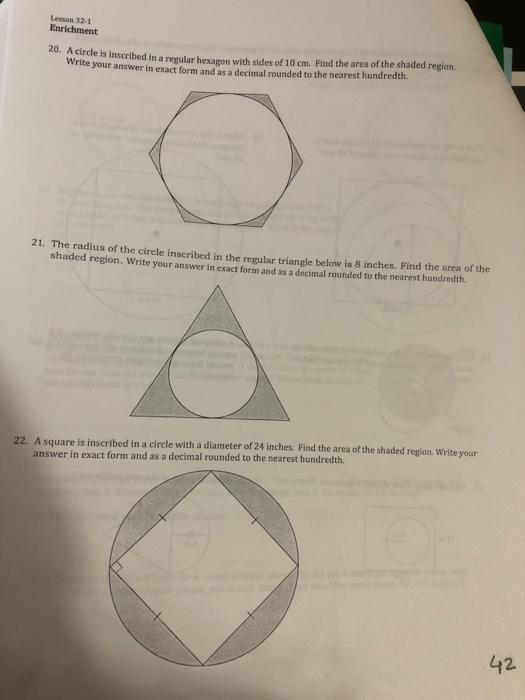Solved 20. A circle is inscribed in a regular hexagon with | Chegg.com image.